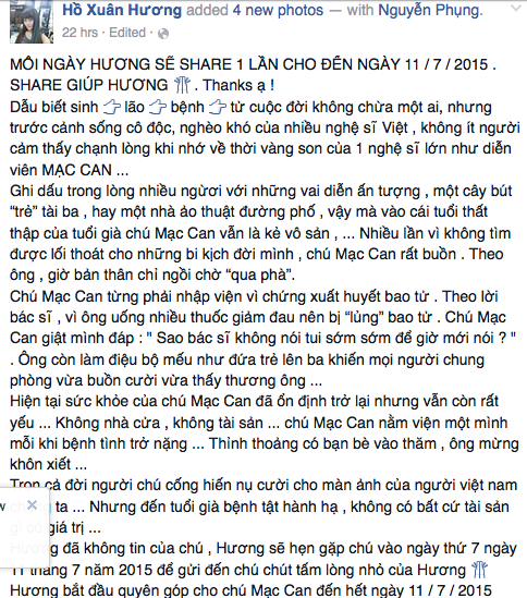 Nghệ sỹ Mạc Can cô đơn chống chọi bệnh thủng dạ dày, chờ chết