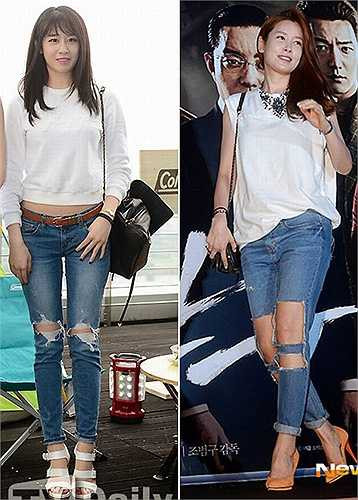 Khai thác quần rách cái bang dễ mà khó, quan trọng nhất là biết tiết chế theo từng hoàn cảnh xuất hiện. Trong ảnh là Ji Yeon nhóm T-ara (trái) và nữ diễn viên Lee Tae Ran (phải). Cả hai đều thành công trong việc chinh phục xu hướng này