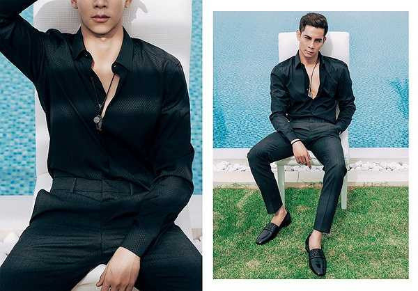 Vẫn là những món đồ cổ điển như sơ mi hay quần tây đen, nhưng anh vẫn ngầm tuyên bố nổi loạn và quyến rũ tuyệt đối bằng hàng loạt trang sức, phụ kiện xa xỉ như vòng tay, vòng cổ, giày loafer in khắc họa tiết..