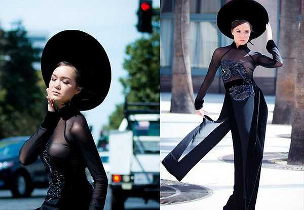 Á hậu Thế giới người Việt 2010 mặc áo dài trong suốt tạo dáng trên đường phố California, Mỹ.