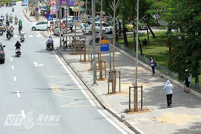 Nhiều người phải đứng nhờ dưới những bóng cây ven hồ Ngọc Khánh để đợi xe buýt. (Ảnh: Việt Linh)