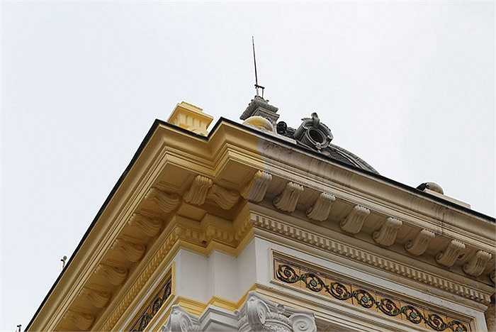 Cận cảnh hai màu sơn cũ và mới của Nhà hát lớn Hà Nội. 