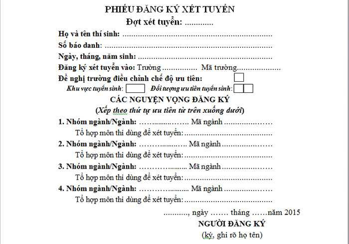 Mẫu phiếu đăng ký xét tuyển đại học, cao đẳng năm 2015