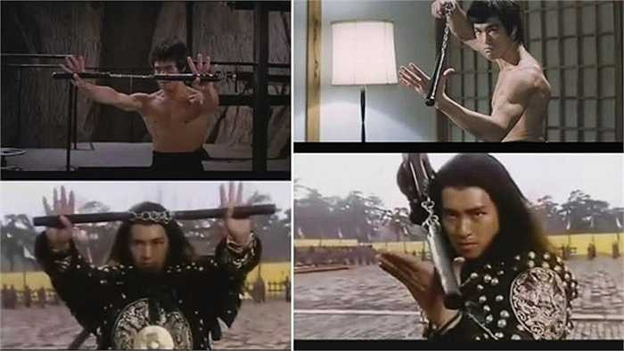 Côn nhị khúc của Lý Tiểu Long được Châu Tinh Trì sử dụng như một loại vũ khí gây cười cho khán giả trong phim Võ trạng nguyên Tô Khất Nhi.