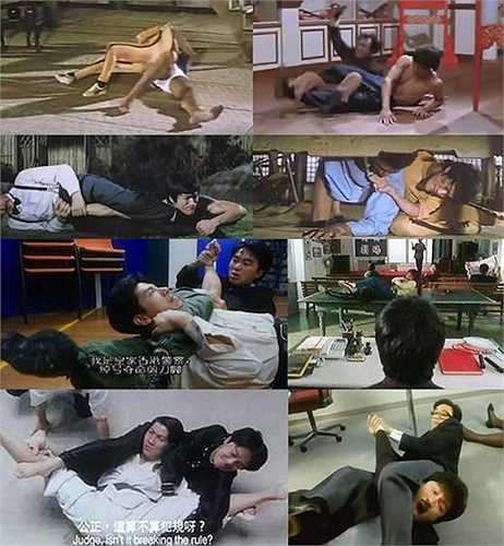 Động tác đè đối thủ xuống đất rồi dùng chân kẹp cổ của Lý Tiểu Long cũng là chiêu trò Châu Tinh Trì thích áp dụng vào phim của mình.