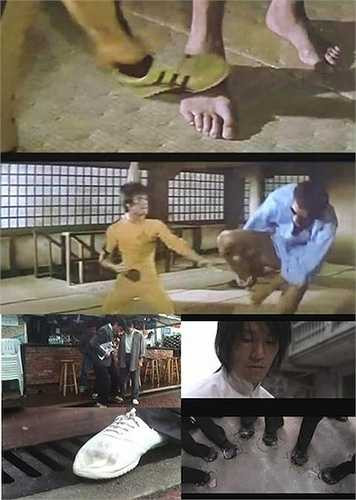 Cảnh Lý Tiểu Long đạp chân đối thủ cao 2m18 trong phim Tử vong du hí được Châu Tinh Trì tái hiện ở tác phẩm Tuyệt đỉnh kungfu.