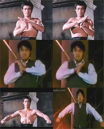 Trong phim Vua cờ bạc Thượng Hải, Châu Tinh Trì bắt chước động tác khởi động làm nóng người của Lý Tiểu Long trong phim Mãnh long quá giang. (Nguồn: Zing)