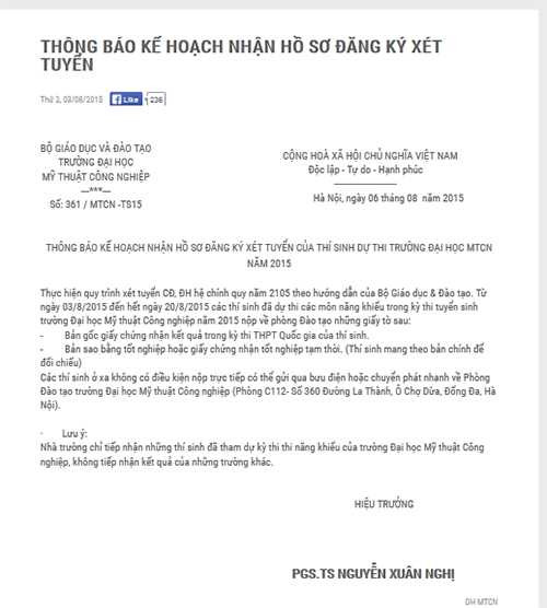 Đại học Mỹ thuật Công nghiệp ra thông báo mới nhất ngày 6/8