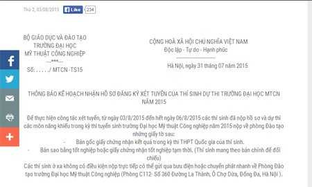 Thông báo ngày 3/8 của Đại học Mỹ thuật Công nghiệp