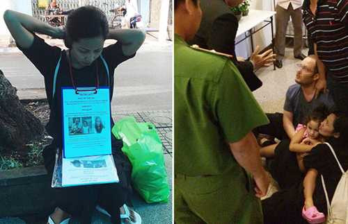 Bà Ela đeo bảng tìm con (ảnh trái) và ông Kark, bà Ela giăng co con tại khách sạn.