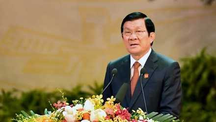 Chủ tịch nước Trương Tấn Sang phát biểu tại Lễ kỷ niệm 70 năm Ngày truyền thống lực lượng CAND, 10 năm Ngày hội Toàn dân bảo vệ ANTQ sáng 18/8. Ảnh: TPO