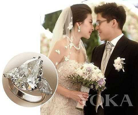 Nhà vô địch bộ môn nhảy cầu Quách Sương Sương với doanh nhân Hồng Kông Thôi Khải Cương có nhẫn cưới kim cương 3 carat trị giá 1,4 triệu HKD (gần 4 tỉ đồng).