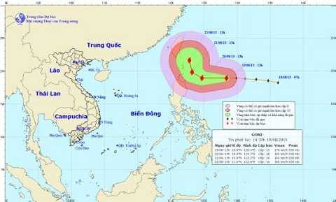 Hình ảnh dự báo về đường đi cơn bão Goni - Ảnh: Bản tin cập nhật lúc 14 giờ 30 ngày 19.8 của Trung tâm Dự báo khí tượng thủy văn Trung ương Hình ảnh dự báo về đường đi cơn bão Goni - Ảnh: Bản tin cập nhật lúc 14 giờ 30 ngày 19.8 của Trung tâm Dự báo khí tượng thủy văn Trung ương