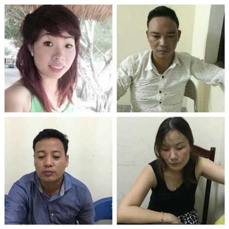 Bốn đối tượng trong đường dây lừa đảo (từ trên, qua trái: Xuyên, Đạt, Ba và một đối tượng khác đang bị truy bắt).