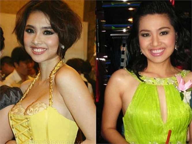 Đinh Ngọc Diệp (trái) và Lê Khánh (phải) có khuôn mặt khá bầu bĩnh, đôi mắt to và đặc biệt là khuôn miệng rộng, môi dưới hơi trễ nên khi cười rất giống nhau. 