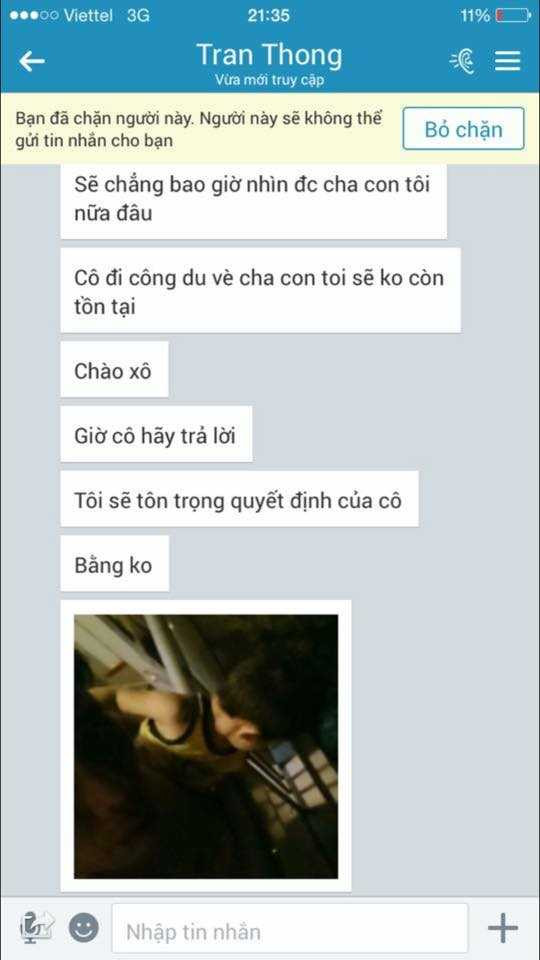 Tin nhắn doạ ôm con tự tử của doanh nhân Nguyễn Thông gửi cho Dương Yến Ngọc (Hình do Dương Yến Ngọc cung cấp)