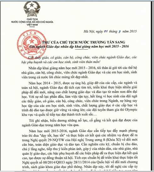 Chủ tịch nước Trương Tấn Sang gửi ngành giáo dục nhân dịp khai giảng năm học mới 2015-2016.