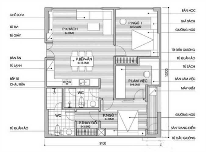 Sơ đồ thiết kế nội thất căn hộ chung cư diện tích 90m2. 