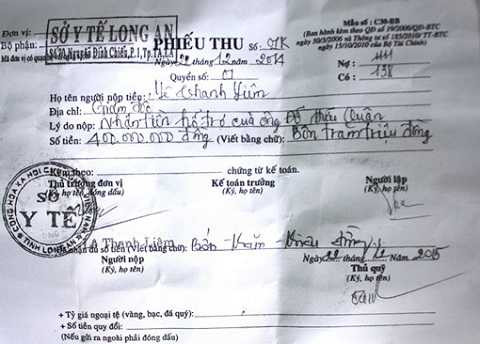 Phiếu thu số tiền 400 triệu đồng