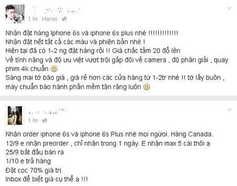 Nhiều người dùng mạng xã hội bắt đầu đăng tin nhận đặt iPhone 6S và 6S Plus xách tay chỉ một tiếng sau khi kết thúc lễ ra mắt Nhiều người dùng mạng xã hội bắt đầu đăng tin nhận đặt iPhone 6S và 6S Plus xách tay chỉ một tiếng sau khi kết thúc lễ ra mắt