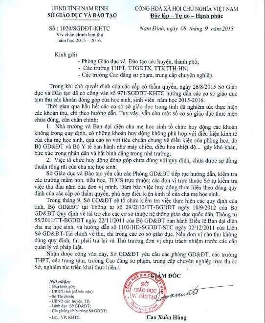 Sở Giáo dục và Đào tạo Nam Định ra văn bản dẹp lạm thu đầu năm học