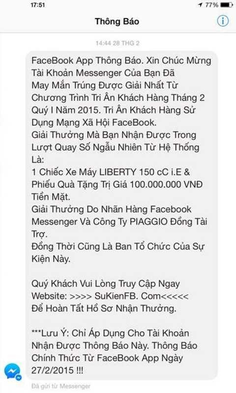 Các tin nhắn lừa đảo tràn lan trên Facebook. 