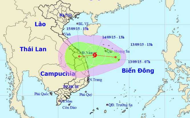 Vị trí và hướng di chuyển của áp thấp nhiệt đới ngày 13-9 - Ảnh: Trung tâm khí tượng thủy văn Trung ương