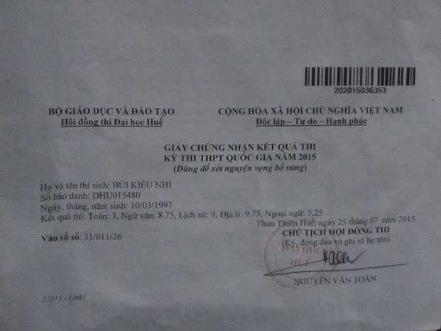 Kết quả kỳ thi THPT quốc gia 2015 của Bùi Kiều Nhi