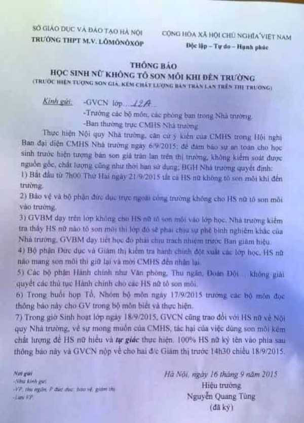 Trường THPT Lomonoxop ra văn bản cấm học sinh tô son khi tới trường