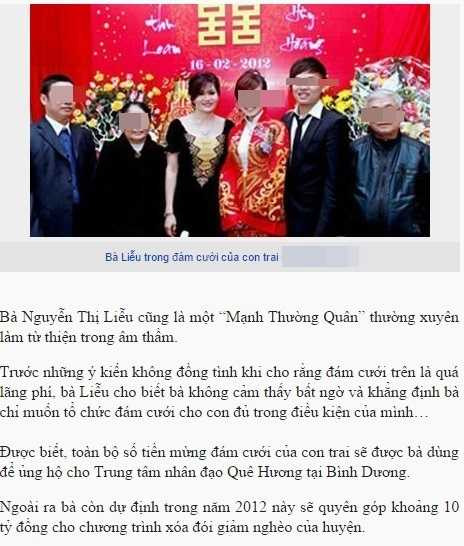  Sự kiện bà Liễu hứa tặng toàn bộ tiền mừng cưới của con trai cho Trung tâm nhân đạo Quê Hương được đăng tải nhiều trên báo chí