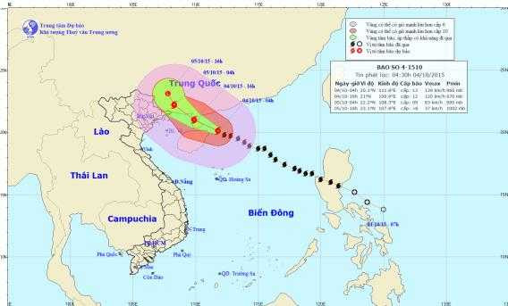 Vị trí hiện tại và đường đi dự kiến của cơn bão số 4 (Nguồn: TT KTTVTƯ)