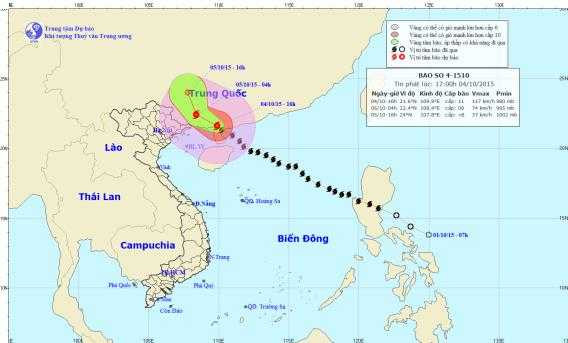 Vị trí hiện tại và đường đi dự kiến của cơn bão số 4.