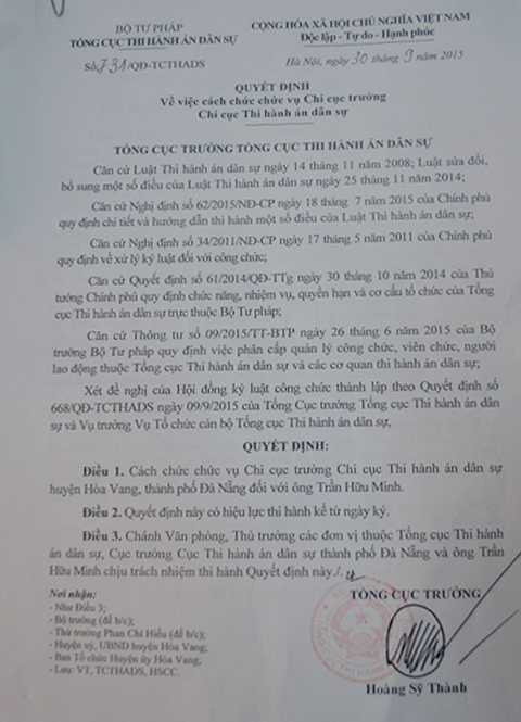Đà Nẵng, kỷ luật, cách chức, Chi cục trưởng, Thi hành án dân sự,, Hào Vang