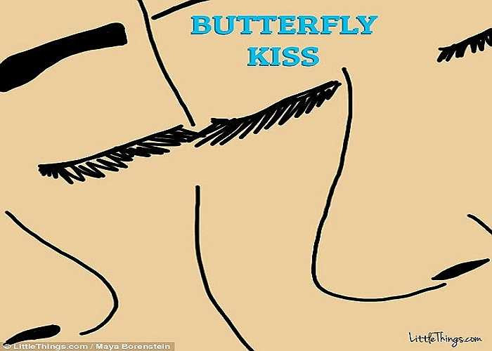 Nụ hôn Butterfly. Đây là một trong kiểu hôn lãng mạn, ngọt ngào và độc nhất, nó không đơn giản chỉ là một nụ hôn thông thường. Khi hai người hôn Butterfly, nghĩa là họ chạm mặt và lông mi vào nhau. Loại nụ hôn này là biểu tượng của một tình yêu trẻ trung bởi vì nó ít xuất hiện ở những cặp đôi lớn tuổi.