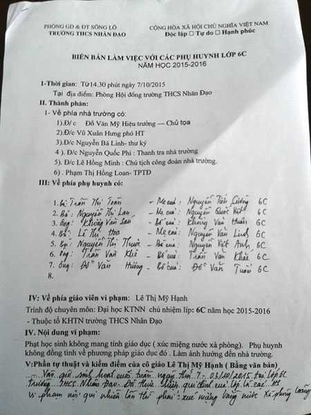 Biên bản làm việc giữa lãnh đạo THCS Nhân Đạo với 7 phụ huynh có con bị phạt xúc miệng bằng xà phòng
