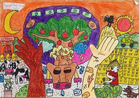 Còn với Nguyễn Phúc Minh, học sinh lớp 7A7, Trường PTLC Vinschool, bức tranh mang tên “Chung tay làm – Cùng nhau hưởng” đã đưa ra giải pháp chống lại đói nghèo hiệu quả nhất: Đôi tay bạn làm nên tất cả, chăm chỉ làm việc sẽ không bao giờ bị đói.