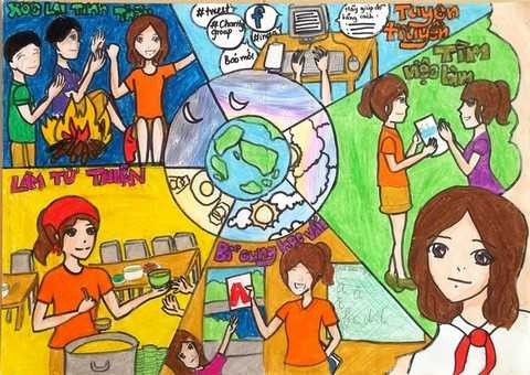 Em Minh Nhi lớp 7A2 lại đưa ra một giải pháp toàn diện bao gồm các hoạt động cụ thể giúp đỡ người nghèo như cung cấp những bữa ăn từ thiện, trao cơ hội để giúp họ bổ sung kiến thức đồng thời giới thiệu việc làm. Ngoài ra, em cũng không quên đề xuất phương thức tuyên truyền thông qua mạng xã hội để lan tỏa tới nhiều người bởi: “Tôi làm được, bạn cũng thế” đúng như tên bức áp phích của em.