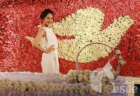 Bảo Anh tạo dáng xinh đẹp bên biểu tượng chú chim bồ câu trắng được kết hợp từ 27.000 đóa hoa hồng xinh tươi. 