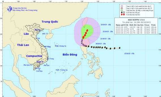 Vị trí và đường đi dự kiến của bão Koppu (Ảnh: Trung tâm DBKTTVTƯ)