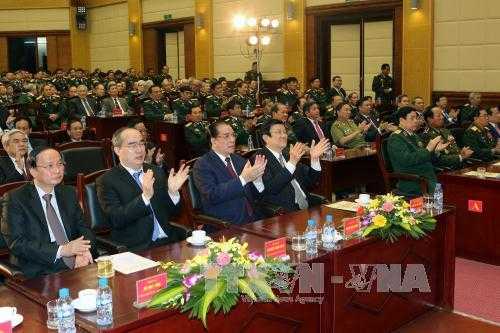 Các đồng chí lãnh đạo Đảng, Nhà nước và các đại biểu dự lễ kỷ niệm. Ảnh: TTXVN 