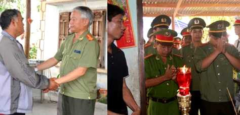  Giám đốc CA tỉnh Gia Lai (trái) chia buồn cùng gia đình trung úy Nay Plong và các cán bộ chiến sỹ đến thắp hương trước linh cữu đồng đội