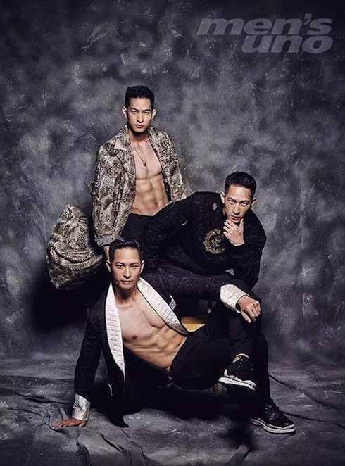 Ba anh em họ Lưu khoe thân hình 6 múi săn chắc trên một tạp chí thời trang nam.