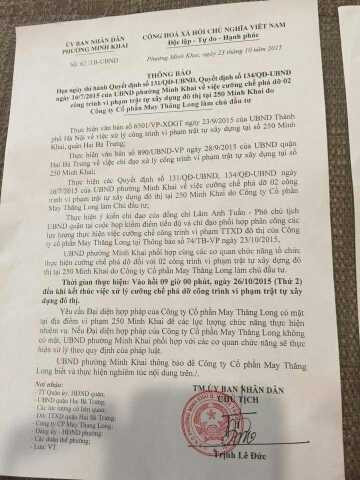 Thông báo xử lý vi phạm trật tự xây dựng của UBND phường Minh Khai