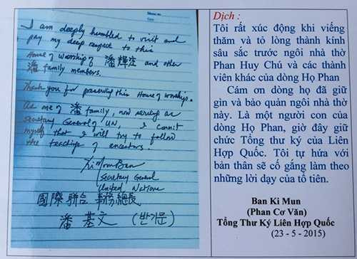 Bút tích và bản dịch của ông Ban Ki-moon được lưu giữ tại nhà thờ dòng họ Phan Huy