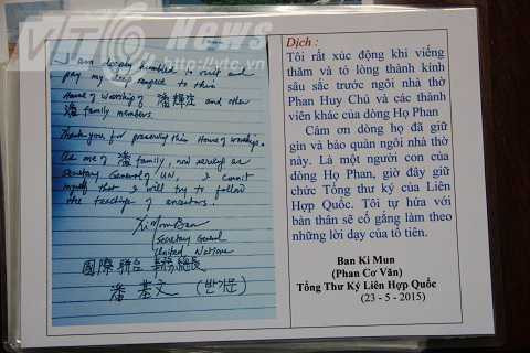 Bút tích của ông Ban Ki-Moon tại nhà thờ Phan Huy 