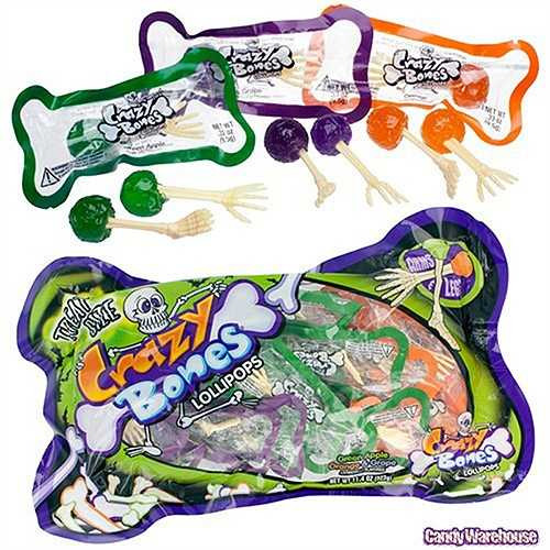 Kẹo mút Crazy Bones: Đó là những viên kẹo mút hình xương cánh tay và xương chân nhỏ. Hiện, loại kẹo này có 3 loại vị trái cây là táo xanh, cam và nho.