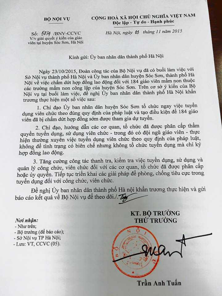 Công văn Bộ Nội vụ gửi UBND TP Hà Nội