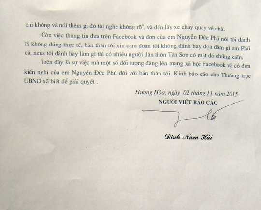 Bản báo cáo của ông Đinh Nam Hải - trưởng công an xã về vụ việc.