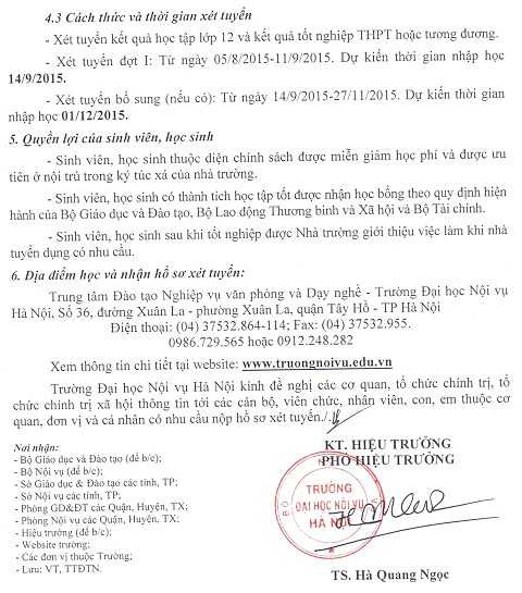 Thông báo tuyển sinh bậc trung cấp, cao đẳng nghề chính quy của Đại học Nội vụ Hà Nội