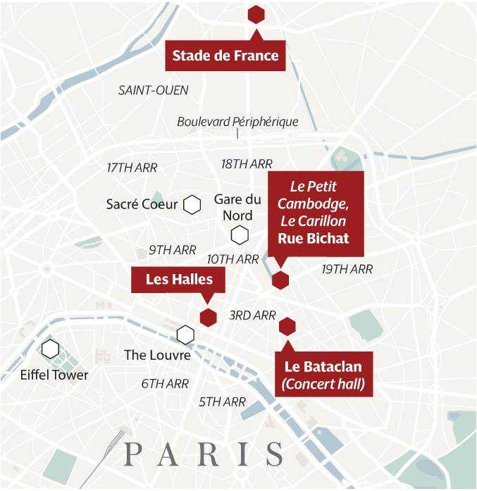 Vị trí các cuộc khủng bố ở Pháp